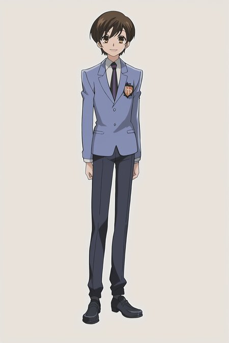 score_9, score_8_up, score_7_up, source_anime, anime screenshot,
 <lora:Haruhi_Fujioka_r1:1>1girl, solo, brown hair, brown eyes, Haruhi blue host outfit, short hair, necktie, school uniform, blue jacket, black pants, shoes,
(full body shot, looking at the viewer, smile, mouth closed),
detailed face, detailed eyes, traditional media, Ouran High School Host Club anime art style, official anime artwork, retro artstyle, 2000s anime look
 <lora:Pony_DetailV2.0:2>