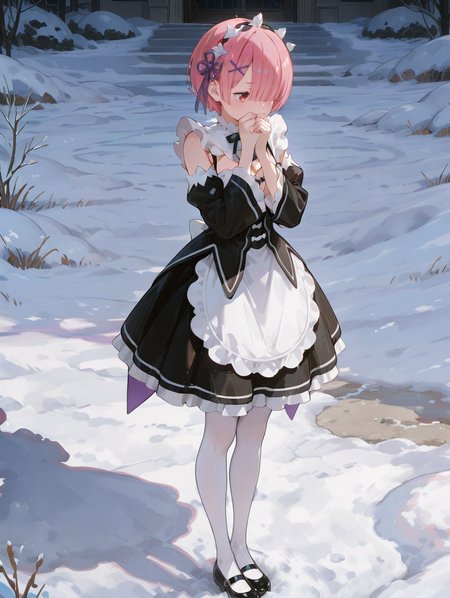 perfect quality,high quality,masterpiece,best quality,amazing quality,very aesthetic,absurdres,Cinematic Lighting,newest,Tactical use of shadow,
front view,full_shot,Joyful laughter,
RAMCYQL,1girl,solo,short hair,bangs,pink hair,hair over one eye,red eyes,hair ornament,x hair ornament,maid headdress,ribbon,hair ribbon,purple ribbon,maid,roswaal mansion maid uniform,black dress,detached sleeves,long sleeves,apron,waist apron,white apron,frills,pantyhose,white pantyhose,mary janes,black footwear,cleavage,
full body,standing,covering_mouth,,
snow background,simple background,
usnr,748cmstyle,<lora:USNR STYLE_XL_loha:0.45>,<lora:DarkerThanBlackIllustrious:0.5>,<lora:spo_sdxl_10ep_4k-data_lora_webui:0.6>,<lora:illustrious_all_rated_v1:0.7>,<lora:748cmSDXL:0.8>,<lora:illustrious_quality_modifiers_masterpieces_v1:0.9>,<lora:RAMCYQL:1>,