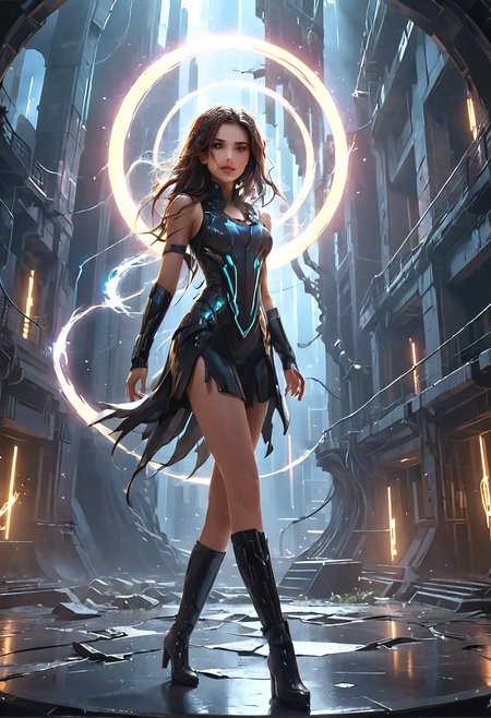 score_9, score_8_up, score_8_up, beautiful girl, futuristic model, wild playful hair, in an action spell-casting pose, summoning her magics, glowing light swirl in orbit around her, sly smile. Beautiful and dangerous atmosphere. Standing in the shadow of a wrecked building, water gushing like waterfalls from high up the building. A large partially shattered moon in the sky. From below. Resplendent spotlight highlighting, cinematic composition and lighting. Masterpiece. 8k. Very detailed.