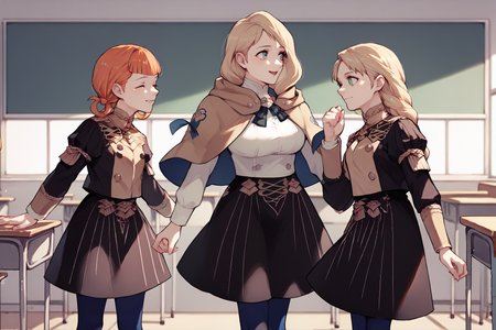 score_9, score_8_up, score_7_up, score_6_up, source_anime, three girls, standing, classroom, looking at each other BREAK 1girl, <lora:annette-pdxl-nvwls-v1-000005:1> defAnne, hair rings, short twintails, orange hair, blunt bangs, black jacket, black skirt, blue pantyhose, closed eyes, happy BREAK 1girl,  <lora:mercedes-pdxl-nvwls-v1:1> defMercie, blue eyes, low-tied long hair, hair over shoulder, capelet, white shirt, high-waist skirt, black skirt, big breasts, blue leggings, happy BREAK 1girl,  <lora:ingrid-pdxl-nvwls-v1:1> defingrid, bangs, braided ponytail, blonde hair, black jacket, black skirt, blue pantyhose, smile, closed mouth