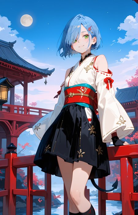 IchigoCYQL,1girl,solo,blue hair,short hair,green eyes,hairclip,hair ornament,hair over one eye,<lora:IchigoCYQL:1>,
BREAK
singlethighhigh,thighhighs,japaneseclothes,architecture,detachedsleeves,lookingatviewer,skirt,eastasianarchitecture,standing,standingononeleg,outdoors,socks,singlesock,bareshoulders,asymmetricallegwear,gloves,widesleeves,kimono,smile,blackgloves,bridge,sash,pleatedskirt,scenery,longsleeves,singlekneehigh,obi,lantern,tail,sky,verysinglesinglesidebun,unevenlegwear,kneehighs,blacksocks,blackskirt,railing,moon,legup,fingerlessgloves,boots,ribbon,building,,
BREAK
748cmstyle,EtherStyle,<lora:96YOTTEA-WAI:0.3>,<lora:EtherSDXL:0.4>,<lora:illustrious_all_rated_v1:0.5>,<lora:spo_sdxl_10ep_4k-data_lora_webui:0.6>,<lora:ponyv5_noobV065S_1_adamW:0.7>,<lora:748cmSDXL:0.8>,
perfect quality,high quality,masterpiece,best quality,amazing quality,very aesthetic,absurdres,newest,