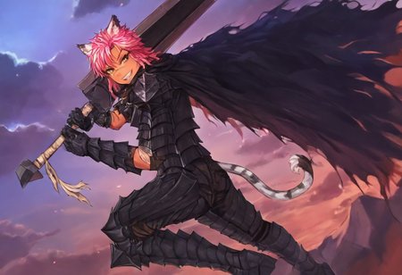 masterpiece, very aesthetic, anime screenshot, 1girl, Pink_PonyXL, DragonSlayerSword-Il.V1.0, black armor, shoulder armor, gauntlets, greaves, bandaged arm, black cape, torn cape, bright pink hair, cat ears, scar on nose, cat bell around neck, tanned, white tiger tail, small breasts, femine body, smiling, making a cute cat face, single fanged tooth showing, standing, looking at viewer, side view, wielding-dragonslayer, huge weapon, sword, holding sword, holding weapon, full body, zoomed in on pink_ponyxl, Dutch angle, cowboy shot 
Break
City of hyrule on fire, at night