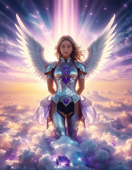 <lora:sky_t3mpl3:1>,cowboy shot,(looking at viewer:1.6),
A fierce warrior angel standing on clouds in front of a majestic celestial sky temple,sky t3mpl3.(arms behind back:1.3), She wears futuristic, sleek black armor with purple accents, blending fantasy and sci-fi elements. Her armor is adorned with glowing, purple gemstones at her chest and shoulders, radiating a soft light that matches the ethereal surroundings. Large, metallic angel wings with a high-tech design extend from her back, with white feathers and metallic frames, combining elegance with strength. She looks directly at the photographer with an intense, focused gaze, creating a powerful connection with the viewer. Behind her, the grand temple is made of gleaming, white stone and crystal pillars, floating among the clouds, illuminated by soft rays of heavenly light. The sky is filled with a soft pink and purple glow, casting a serene yet powerful atmosphere around this divine guardian.<lora:SDXLFaeTastic2400:0.4> <lora:extremely_detailed:0.4> extremely detailed,, Masterpiece,best quality,hi res,8k,hi res,8k,award winning,(sharp focus, intricate, highly detailed),