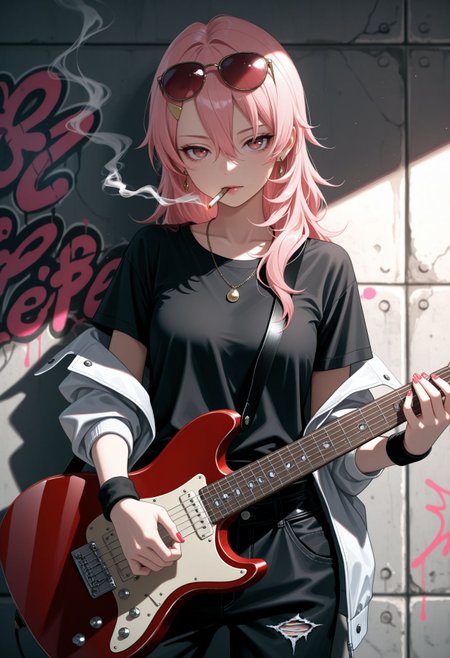 masterpiece,best quality,absurdres,highres,very aesthetic,high quality,detailed,insanely detailed,beautiful,perfect lighting, looking at viewer,
 , <lora:Benisumomo  illu:1> 1girl, long hair, pink hair, hair ornament, hairclip, hair between eyes, guitar, solo, instrument, cigarette, electric guitar, smoking, shirt, jewelry, pants, smoke, black shirt, holding, , looking at viewer, eyewear on head, necklace, jacket, off shoulder, wristband, sunglasses, earrings, graffiti, tinted eyewear,, short sleeves, holding instrument, cowboy shot, t-shirt, nail polish,