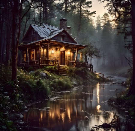 (masterpiece:1.2), (best quality,:1.2), 8k, HDR, ultra detailed, ((photorealistic)), professional light, cinematic lighting, fashion photography, ambient lighting, cabin, covered, forest, river, <lora:detail_slider_v4:3>, FanSwa, <lora:FantasySwamps-10:1>, ((perfect hands)), epiCPhoto