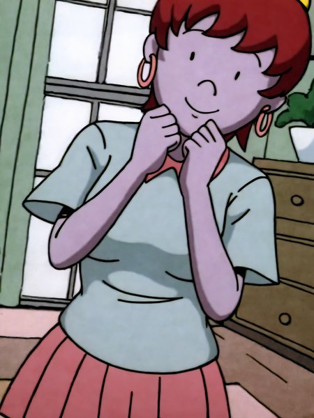 score_9, source_anime, masterpiece, high quality, BREAK, 1girl, <lora:Beebee_Bluff_PDXLv0:0.7> beebee bluff, hoop earrings, aged up, medium breasts, wide hips, adult figure, mature body, looking at viewer, indoors, light smile, hands under chin, white collared shirt, short sleeves, pleated skirt,