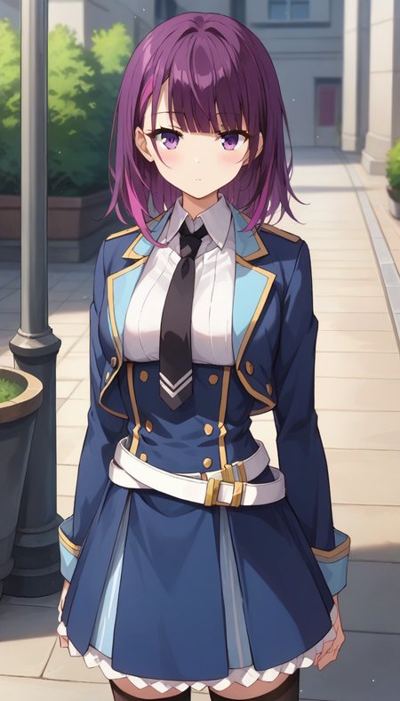 score_9,score_8_up,score_7_up,score_6_up BREAK official art,1girl,solo,outdoors,upper body,(portrait:1.5),looking at viewer,facing viewer,expressionless,blush,Mind Control Squadmate 4,medium hair,purple hair,multicolored hair,shiny hair,sidelocks,blunt bangs,purple eyes,blue jacket,cropped jacket,open jacket,wing collar,short necktie,black necktie,white shirt,collared shirt,dress shirt,long sleeves,medium breasts,double-breasted,white belt,blue skirt,high-waist skirt,pleated skirt,frilled skirt,zettai ryouiki,black thighhighs,loafers,black footwear,<lora:Mind Control Squadmate 4(sgmt)-Pony:1.2>,