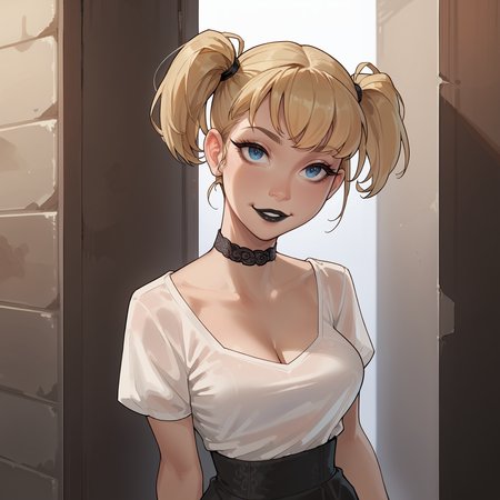 score_9, score_8_up, score_8, score_7_up,score_7, source_anime, rating_explicit, hires, (detailed,best quality:1.2),(<lora:Expressive_H:0.3>), (<lora:JGStyle:0.6>),(<lora:incase-ilff-v3-4:0.8>), (skinny:1.3),  narrow waist, 1girl,  <lora:Harley_Quinn:0.9> , Harleybtas,solo,twintails,short hair,blonde hair,blue eyes,choker,black lips, large breasts, cleavage, lace, looking at viewer, head tilt,
