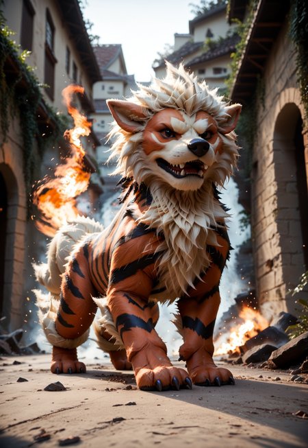 score_9, score_8_up, score_7_up, score_6_up, source_furry, dof, full-length portrait, solo, blurred background,  arcanine, pokemon (creature), cinematic, action, motion blur, dynamic angle, feral, realistic lighting, photorealistic, fire in background
