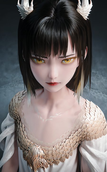score_9,score_8_up,score_7_up,
<lora:zhiguiPony-000001:1>,
zhigui,dragongirl,solo,1girl,black hair,yellow eyes,scale,fish scale,horns,looking at viewer,simple background,antlers,upper body,bangs,dress,lips,collarbone,pale skin,white dress,dragon horns,Child,Gradient hair color,<lora:drzhiguiPony3:0.7>,beautiful_detailed_eyes,