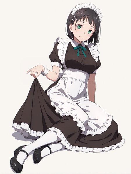 masterpiece,best quality,newest,1girl,solo,
<lora:p_suguha_v1.0:1>,p_sugu,hairclip,green eyes,
<lora:Fixhands_anime_bdsqlsz_V1:1>,looking_at_viewer,simple_background,white_background,full body,sitting,maid,