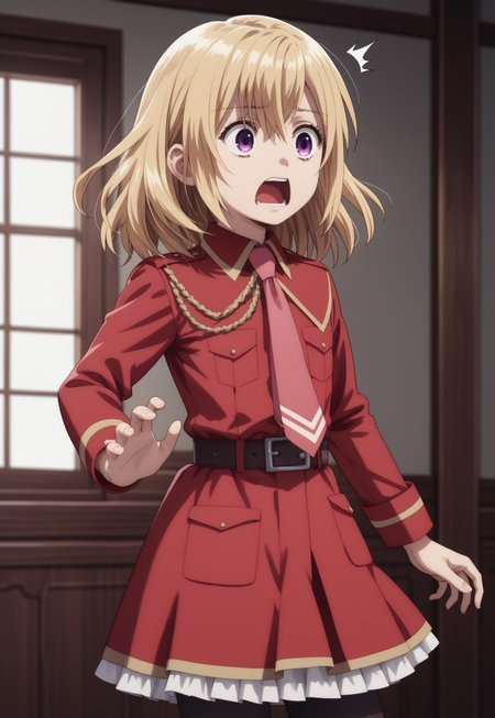 safe_pos, score_9, score_8_up, score_7_up, ((( highly detailed, masterpiece, perfect, detailed, hd)))
,
((Jilcermb, blonde hair, medium hair, purple eyes ))
,
((( 1girl, solo, )))
,
((( Standing, parody, shocked, open mouth, anime coloured, )))
,
((( uniform, military uniform, red uniform, necktie, pink necktie, belt, pantyhose, black pantyhose, skirt, hair between eyes ))) 
,
((( Best view, 3/4 body view)))
,
(( indoors ))
,
((( )))
,
()
