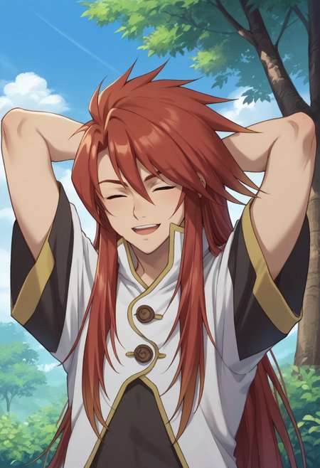 score_9, score_8_up, score_7_up, source_anime, highly detailed, 
lukefon, male focus, 1boy, red hair, solo, long hair, smile,  shirt, black shirt, coat, high collar, white coat, upper body, arms behind head, open mouth, closed eyes,
outdoor, sky, tree,