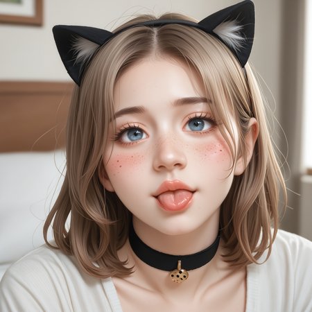 score_9, score_8_up, score_7_up, score_6_up, score_5_up, inside, bedroom, bed, cushions, soft shadows, soft lighting, source_cartoon, on_model, closeup, dongari, raw, photo, realistic, face shot, blurred background
1girl, cute face, freckles, messy medium hair, looking up at viewer, detailed face, beautiful eyes, plump lips, round face, choker, [[[light mascara]]], [[blush]], skin detail, natural light interplay on skin, lifelike hair gloss, detailed eyes, fake cat ears, small tongue bite