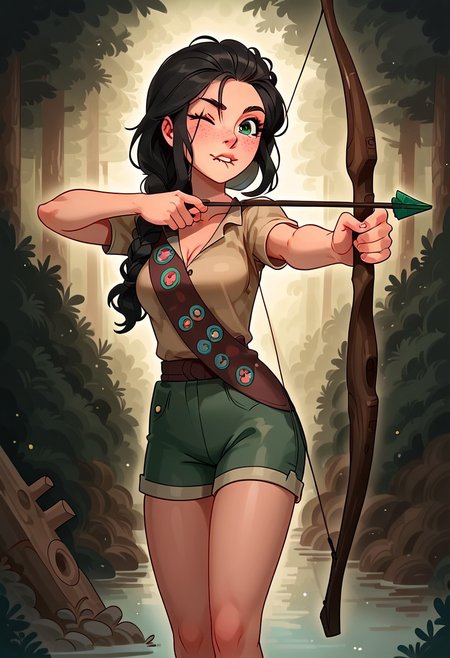 safe_pos, score_9, score_8_up, score_7_up, 1girl, 19 years old, Girl Scout, khaki shirt, forest-green shorts, looking forward, bow string, (((badge sash))), slender, sexy, cute, medium breasts, freckles, braid, long braided hair, black hair, holding weapon, holding bow (weapon), drawing bow (weapon), holding arrow (projectile), aiming, archery range, scout camp, log cabins in background, scouts in background, one eye closed, squinting, biting lip, concentrating, tan, tight shirt, chest out, body in profile
