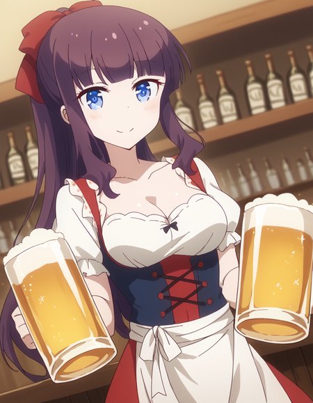 score_9, score_8_up, score_7_up, source_anime, <lora:hifumi-takimoto-s2-ponyxl-lora-nochekaiser:1>, hifumi takemoto, long hair, bangs, blue eyes, bow, ponytail, purple hair, hair bow, medium breasts, <lora:dirndl-ponyxl-lora-nochekaiser:1>, dirndl, german clothes, beer mug, collarbone, cleavage, beer, underbust, waist apron,, indoors, bar, smile, blush,, , cowboy shot, dutch angle