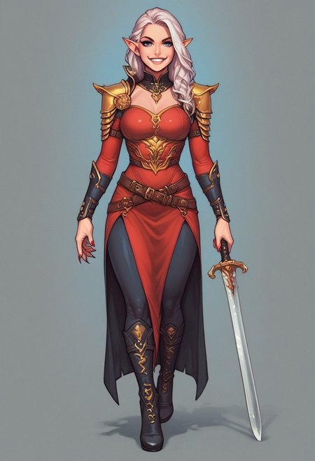 score_9, score_8_up, score_7_up, score_6_up, score_5_up, score_4_up, flat color, source_anime, anime coloring, 2d, BREAK. smile, looking at viewer, BREAK. ssn2, red dress, red sleeves, detached sleeves, shoulder armor, gold armor, epaulettes, <lora:Carmilla_v1:1>, 1girl, solo, pale skin, white skin, pointy ears, vampire, fangs, blue eyes, white hair, long hair, long fingernails, sharp fingernails, red nails (((full-clothed))), ((long big sword in hands, sword in hands)) 
BREAK 
strange world background score_9, score_8_up, score_7_up, score_6_up, source_cartoon, rating_explicit, Expressiveh, ((((Full body))))), dynamic pose