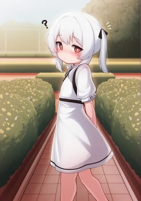 masterpiece,best quality,amazing quality,
1girl,looking at viewer,<lora:mochikushistyle:1>,mochikushistyle,walking,?,from side,garden,outdoors,