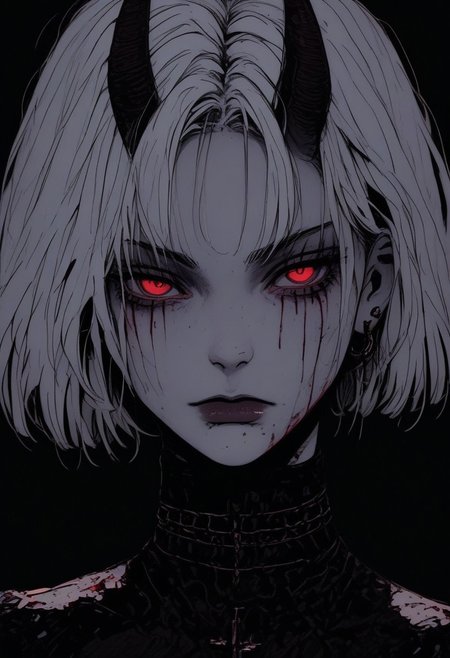 score_9, score_8_up, score_7_up, flat color, blood dripping from mouth, demon girl, demon horns, gthan, gothic, jewelry, red eyes, eyes glowing like leds, solo, blood, earrings, cross, 1girl, black background, looking at viewer, portrait, short hair, necklace, blood on face, cross necklace, simple background, spot color, closed mouth, white hair, cross earrings