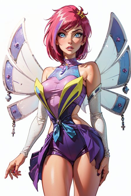 (Tecna:1.5), (fairy wings), pink hair, blue eyes, short hair, purple outfit, (solid white background, white background:1.5), (realistic:1.2), (masterpiece:1.2), (full-body-shot:1),(Cowboy-shot:1.2), neon lighting, dark romantic lighting, (highly detailed:1.2),(detailed face:1.2), (gradients), colorful, detailed eyes, (natural lighting:1.2), solo  <lora:WinxClubEnchantixTecna-10:0.9> <lora:add_detail:0.3> <lora:BeautifulEyes:0.6>