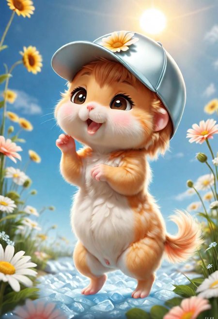 ral-fluff,<lora:ral-fluff:1>,
chibi,masterpiece,best quality,original,official art,silver metallic hamster, hat,flower,blurred background,rendering,beautiful detailed glow,(detailed ice),beautiful detailed sun,sunny, blurred flower, happy