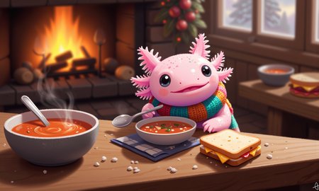 pikaole, axolotl, side view of a pink axolotl at a rustic wooden table, wrapped in a miniature knitted scarf, enjoying a steaming bowl of tomato soup with a small grilled cheese sandwich beside it; its frilly gills sway gently as it takes a spoonful, round black eyes shining with comfort; the tabletop is adorned with a small napkin, silver spoon, and a few crumbles of bread, while tilt-shift blur softens the fireplace glow and cozy cabin decor in the background, creating an inviting and homely warmth, happy axolotls<lora:Axomodel_Flux_V1.1.safetensors:0.85:0.85> <lora:Pikaole v2 (FLUX)_v2_E6.safetensors:0.75:0.75>
