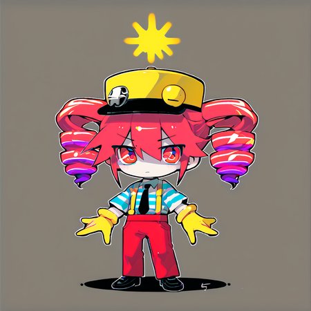 <lora:5:1>, vibrant colors, chibi,  <lora:Teto_Mesmerizer_PDXL:0.8> tetomesmerizer, kasane teto, striped shirt, yellow gloves, black necktie, suspenders, red pants, hat