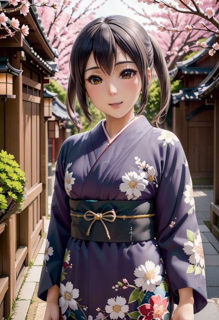 wide angle shot, 1 girl, nakano azusa, fully clothed, colourful kimono with flowers design, perfect face, black eyes, black hair, show top of head, pigtails hair, blushing, smiling, outside, in the street of old japanese city, small breasts, sakura tress in bloom everywhere, <lora:azusa_xl_rev3:0>, <lora:add-detail-xl:1>, OverallDetail, fFaceDetail, EyeDetail, Painstaking Attention To Details, art by mooncryptowow,