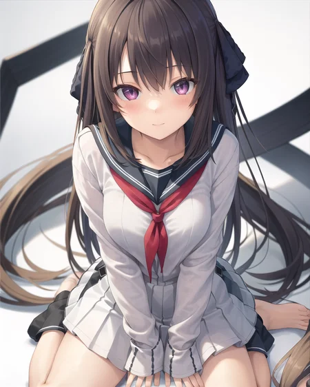 best quality,highly detailed,masterpiece,ultra-detailed,solo,(1girl),(Delicate eyes),(white background:1.3),(wariza:1.2),hand between legs,long_hair,seifuku,