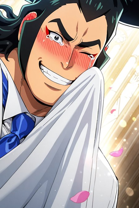 realistic shading, natural lighting, male focus, looking at viewer, expressive happy face, kouzuki oden, black-bluish green_kouzuki oden_male long hair, black_kouzuki oden_eyes, red_kouzuki oden_makeup, 1boy, one eye closed, nose blush, ear blush, blushing, crying, one hand wiping tear, teeth, grinning, shiny skin, groom cosplay, white formal suit, romantic, indoor church, wedding, bokeh, floating petals, sunray, centered, dynamic angle, dynamic action, atmospheric perspective, cinematic, intricately detailed illustration, depth of field, masterpiece, best quality, amazing quality, very aesthetic, absurdres, newest, anime screencap