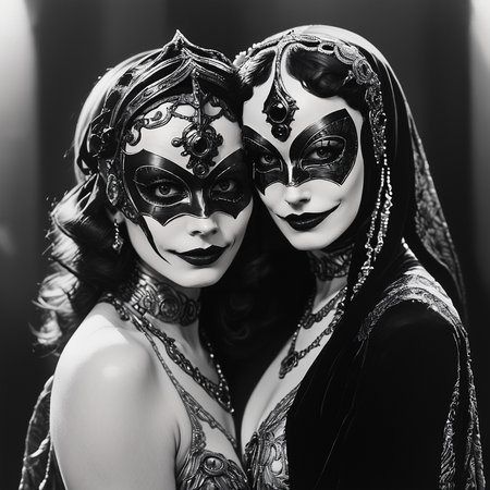 core_9, score_8_up, score_7_up, score_6_up, <lora:20s_Silent_MoviePo:1> ArsMovieStill, 20s Silent Movie Still, Black and White, The image is a black and white photograph of two women wearing elaborate masks. The woman on the left is wearing a headpiece with intricate designs and patterns while the woman in the middle has her face painted with a dramatic and ornate design. Both women have dark makeup and are wearing elaborate necklaces and earrings. The background is blurred making the masks the focal point of the image. The women are standing close together with their arms around each other and their faces are slightly tilted to the side. The overall mood of the photograph is dark and mysterious., monochrome, greyscale, 2girls, multiple girls, looking at viewer, jewelry, makeup, choker, long hair, smile