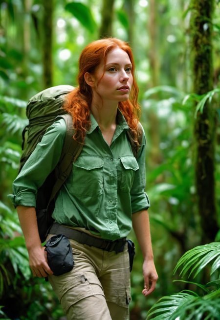 Lush rainforest expedition,25yo woman,redhead,explorer attire,dense rainforest,midday,4k,adventurous trek,green foliage,natural explorer,high-quality jungle scene,vibrant ecosystem,high-definition,exotic,serene nature,clear lighting,wild and untouched,adventurous,refreshing.,<lora:xl_more_art-full_v1:0.3>,