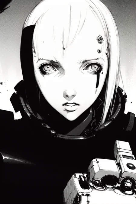 <lora:blame5:1>, cyborg girl portrait, dim light, ((heavy black and white))