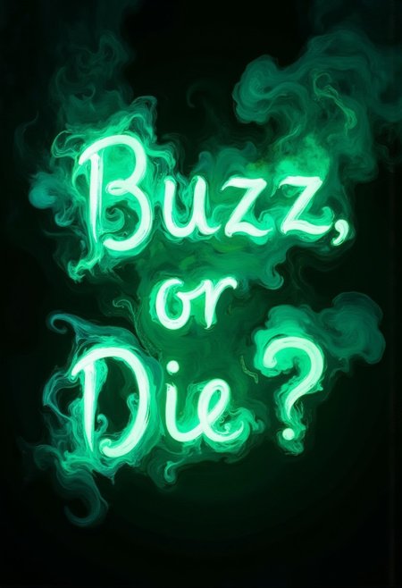 A painting of a phrase comprised of green neon smoke, which reads in attractive artisanal cursive, "Buzz or Die?"