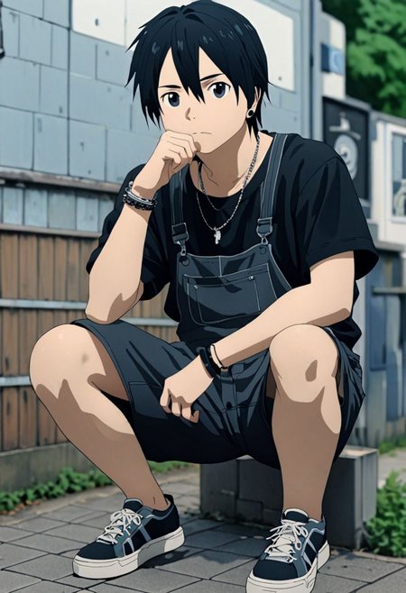 high resolution, professional photography, best quality, 1Boy, Kirigaya Kazuto, Black Hair, Black Eyes, overalldetail, lofi, candid, squat, depth of field, shirt, photo model, looking at viewer, bracelet, necklace, sneakers