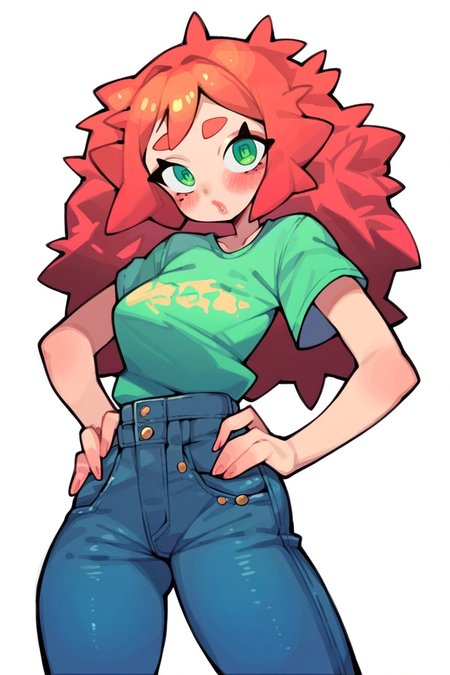 <lora:Lumpy Pacas:1>, score_9, score_8_up, score_7_up, score_6_up, score_5_up, rating_questionable, source cartoon
1girl, pretty face, pretty eyes, detailed eyes, HD eyes, thick thighs
hands on hips, standing, cowboy shot
looking at viewer, blush, eyebrows, long hair, red hair, green eyes
jeans, green t-shirt, boots, high waisted jeans
simple background, white background