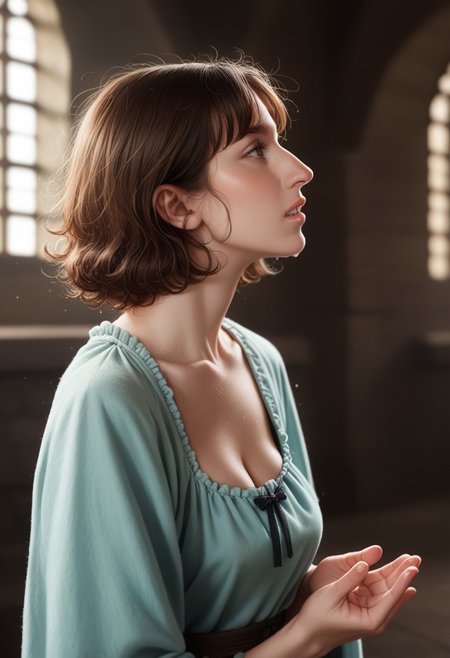 Score_9, score_8_up, score_7_up, realistic, profile, bignoselady, medieval era, bignoselady, large nose, aquiline, (nose bump), 1girl, solo, jewelry, tiny breasts, cleavage, sagging breasts, drooping breasts, dirty skin, brown hair, fringe bangs, fluffy hair, short hair, pageboy hair, loose tunic, lowcut tunic, parted lips, bow shaped lips, cupids bow, perfect teeth, moist lips, moist mouth, dewey, glow, backgrond is medieval castle interior, praying pose, prayer hands, prayer 🙏🏽