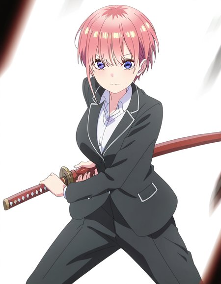 masterpiece, best quality, newest, absurdres, highres, safe,, <lora:ichika-nakano-s2-ponyxl-lora-nochekaiser:1>, ichika nakano, short hair, bangs, blue eyes, hair between eyes, pink hair, pixie cut, large breasts, anime screencap, <lora:battoujutsu-stance-illustriousxl-lora-nochekaiser:1>, battoujutsu stance, looking at viewer, holding, weapon, sword, holding weapon, holding sword, standing, katana, sheath, sheathed, fighting stance, ready to draw, shirt, long sleeves, jacket, white shirt, necktie, collared shirt, pants, black jacket, floating hair, black pants, formal, suit, black necktie, black suit, pant suit,, ,
