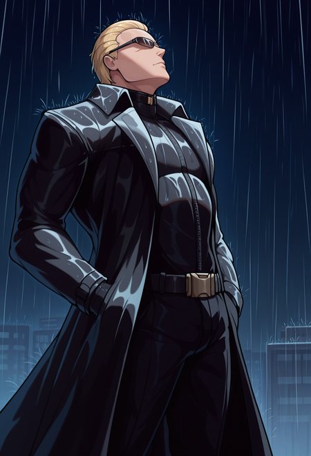 masterpiece, best quality, <lora:albertwesker-guy90-Illust-Lorav1:1>, albker, 1boy, solo, sunglasses, black gloves, blonde hair, short hair, slicked back, black coat, belt, black pants, long coat, hands in pockets, looking up, rain, night