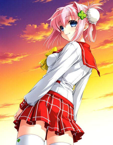 (1girl, solo:1.3), (2girls, 3girls, 4girls, multiple girls, 2boys, 3boys, 4boys, multiple boys:-1.5) <lora:Ainame_Chisato_Hachukano_Illustrious:0.9>, Ainame Chisato, medium breasts, blue eyes, pink hair, short hair, bangs, hair intakes, hair between eyes, sidelocks, bun cover, single hair bun, hair bun, four-leaf clover hair ornament, clover hair ornament, hair ornament, school uniform, serafuku, sailor collar, long sleeves, yellow bow, bowtie, pleated skirt, plaid skirt, red skirt, miniskirt, white thighhighs smile, (tongue out:0.7), open eyes, general, contrapposto, dynamic pose, , upper body, from behind, from below, dutch angle, indoors, <lora:NOOB_EPSv1_1_detailer_by_vlnvk_v1_0:1.5>, (photo background:0.7), evening, (tachibana yuu:0.6), inue shinsuke, (kazuma muramasa:0.0), saikawa yusa, (aoi manabu:0.6), abarerumidori, (suzui narumi:0.6), masterpiece, newest, absurdres, 8K, anime screenshot, anime coloring, flat color, official art, film grain, <lora:illustriousXLv01_stabilizer_v1.185c:0.7>, <lora:LECO_Solo:-4.0>,
