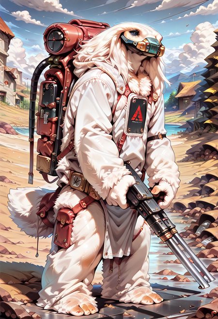 , ,masterpiece, 2d, very detailed, (best quality:1.4), amazing quality, very aesthetic, alien, MoroffSW, solo, standing,  holding weapon, tech backpack,  white fur, fluffy body, fluffy, facemask, black eyes, no ears ,