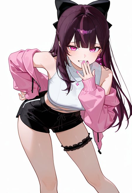 masterpiece, best quality, amazing quality, very aesthetic, perfect hands, 1girl, [healthyman, mameojitan, wanke], [[[ciloranko]]], BCRuru, pink eyes, dark purple hair, long hair, purple streaked hair, hair bow, black bow, bangs, pink earrings, single earring, jewelry, white crop top, sleeveless, bare shoulders, pink jacket, jacket partially removed, black shorts, frilled thigh strap, black thigh strap, necklace, simple background, white background, from front, cowboy shot, standing, (((legs apart, contrapposto, leaning forward, hand to own mouth, hand on own hip, hand up, open hands))), sleeves past wrists, looking at viewer, raised inner eyebrows, grin, fang, pink nails