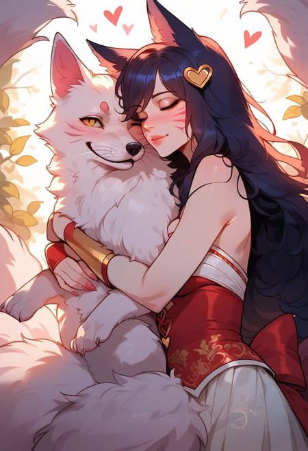 score_9, score_8_up, score_7_up, score_6_up,  <lora:p3tl0v3XLP:1> p3tl0v3, 1girl, ahri, , hugging a white fox,