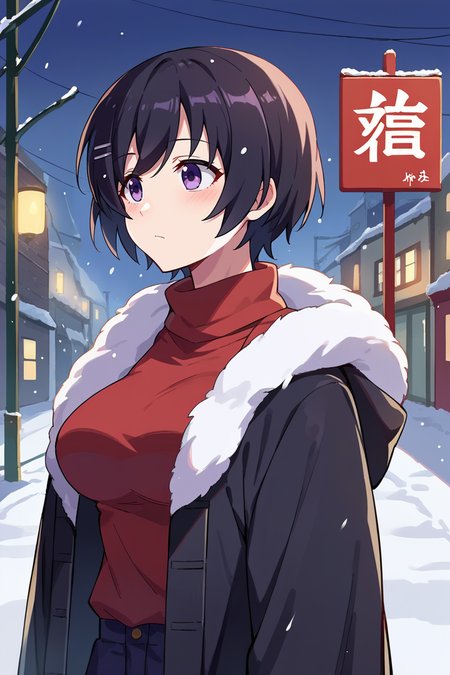 score_9, score_8_up, score_7_up, score_6_up, source_anime, BREAK 1girl, solo  <lora:tsubasa-pdxl-nvwls-v1-000005:1> altTsubasa, short hair, black hair, hairclip, purple eyes, black coat, red sweater, turtleneck, medium breasts, khakis, winter, snow, street