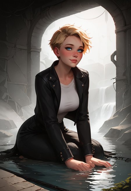 score_9, score_8_up, score_7_up, score_6_up, score_5_up, score_4_up, 1girl, mischievous, fit woman, 29 year old, face focus, blush, blonde, short pixie hair, hair shaved off, beautiful face, blue eyes, toned, wide hips, slender, perfect medium breasts, freckles, nice butt, (realistic lighting, natural lighting, soft lighting, subsurface scattering,):1.3), beautiful, (blue eyes), detailed face, realistic face, make up, sm eyeshadow, long eyelashes, eyeliner,full lips, perfect hands, great view,pose, skindentation, freckles, jewelry, full lips, fit woman, Expressiveh, hourglass body shape, smiling, 
Black suit jacket, black pants, white shirt,
ruanyi0826,ruins,water,cable,indoors,drainpipe, (underground tunnels:1.2), sitting
glowing, neon
