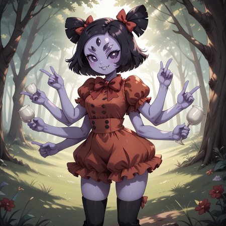 score_9, score_8, BREAK, solo, Muffet_(Undertale), solo, anthro, (((six arms))), lavender skin, lavender skin female, five eyes, twin pigtails, white fangs, red ribbons, red rompers with buttons, long black boots, self portrait, smile, looking at viewer, outdoors, sunlight, shadows, evening lighting, natural lighting, forest, trees, grass, orange sky, sunset