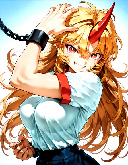 munakata_(sekimizu_kazuki):1.2,mogudan:0.7, hamada_yoshikazu:0.8 ,toriyama_akira_(style):1.1 ,touhou ,hoshiguma_yuugi , highres ,1girl ,black_skirt, blonde_hair, breasts ,bright_pupils ,cuffs ,horns,  long_hair ,looking_at_viewer, medium_breasts, open_mouth, red_eyes ,red_horns, shackles ,sharp_teeth ,shirt, short_sleeves ,simple_background ,single_horn ,skirt solo, star_(symbol), teeth, upper_body ,white_shirt, messy_hair , ^_^ ,fingernails ,grin ,hands,oni ,smile, solo,sharp_teeth,sharp_fingernails , kungfu stance,  <lora:touhou_146:0.5>,<lora:illustrious_noobai_epsilon_pred_1_best_quality_v1:0.7> ,<lora:illustrious_noobai_epsilon_pred_1_masterpieces_v1:0.7>, <lora:ponyv4_noob1_2_adamW:0.5>, <lora:add_details_xl:0.7>