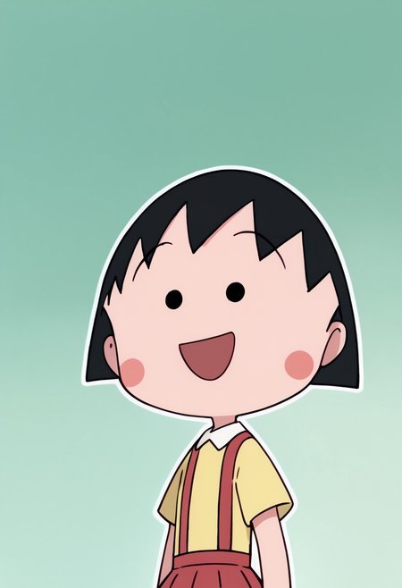 score_9, score_8_up, score_7_up BREAK ChibiMaruko, 1girl, black bobcut, black dot eyes, pink circle blush, happy, solo, solo focus, short-sleeved yellow shirt, red suspenders, red pleated skirt. white socks, flat red shoes, full body,
