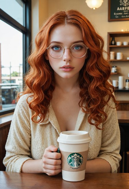 score_9, score_8_up, score_7_up, 1girl, sitting at a table, front view, upper body, coffee cup, in a coffee shop, indoors, ginger hair, wavy hair, glasses, book, looking at viewer, parted lips, blue eyes,