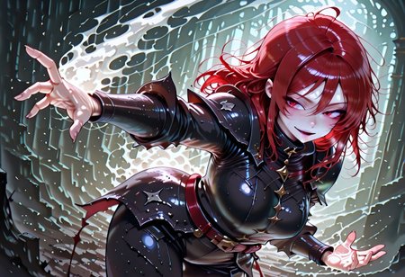masterpiece, best quality, highres, absurdres, amazing quality, high resolution, 
Red Eyes, Red Hair, pale skin, Black Medieval Armor, leather straps
white fire, 1girl, solo
concentrating, open mouth, smile, sweat, <lora:scorching_ray_magic:1> scorching_ray_(/magic/), solo, white flame, white glowing hands, dynamic_pose, fighting stance, looking at another,
